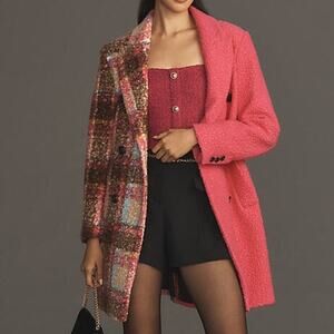 NEW NVLT Anthropologie Pink Colorblock Teddy Longline Boucle Plaid Coat Medium